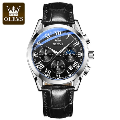 OLEVS Quartz Watch for Men - Top Brand Luxury, Moon Phase, Waterproof, Chronograph - Fashionable Wrist Watch for Men