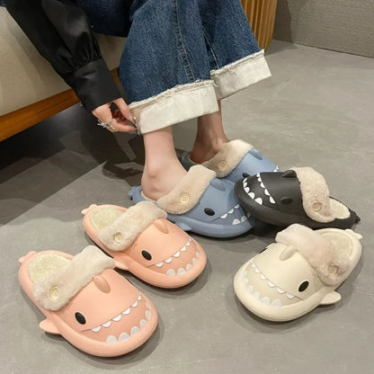 Shark Cotton Slippers for Women – Waterproof Winter Indoor Non-Slip Plush Warm Home Sandals, Flat Shark Flip Flops for Couples