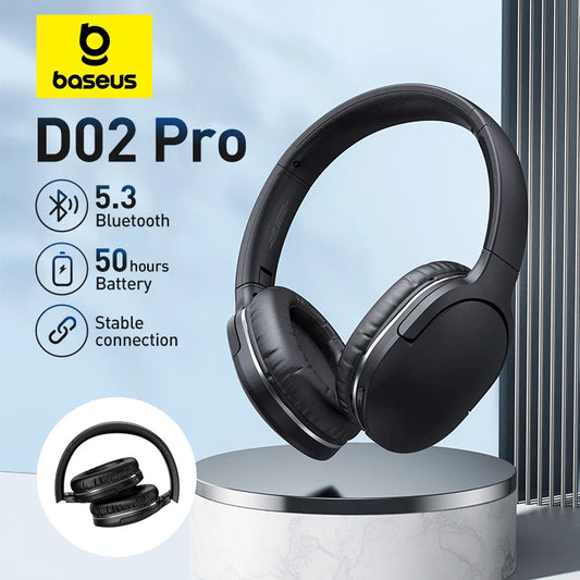 Baseus D02 Pro Wireless Bluetooth Headphones – HIFI Stereo Earphones, Foldable Sport Headset with Audio Cable for iPhone and Tablet