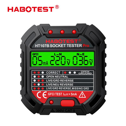 HT107 Socket Tester Pro - Voltage & RCD Test, Socket Detector for UK, EU, US Plugs | Ground, Zero Line, Polarity, Phase Check