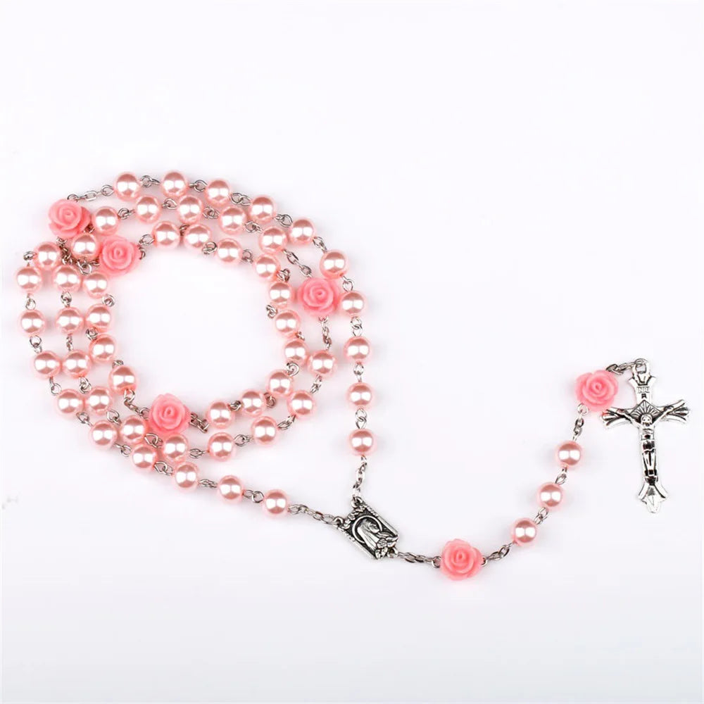 6MM Pink Rosary Necklace – Rose Glass Beads Chain with Crucifix Cross and INRI Pendant – Long Religious Prayer Jewelry for Women and Men