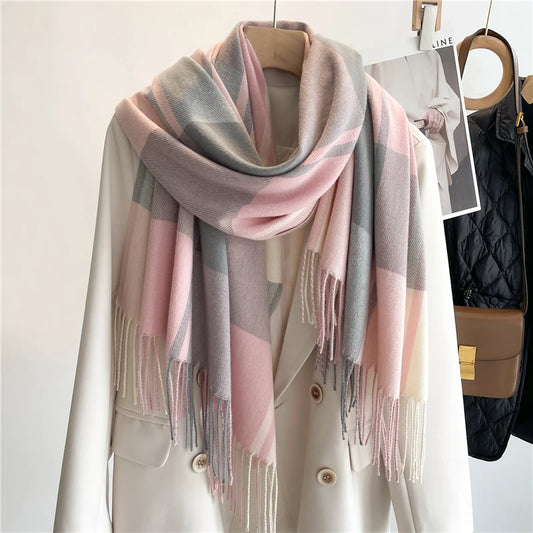 Warm Cashmere Blanket Scarf for Women - Fashionable Plaid Pashmina Shawl with Tassels, Thick Winter Wrap, Casual Poncho