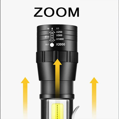 T6 COB Rechargeable LED Flashlight – Portable, Waterproof Emergency Torch with Built-in Battery and Zoom Function | 3 Modes