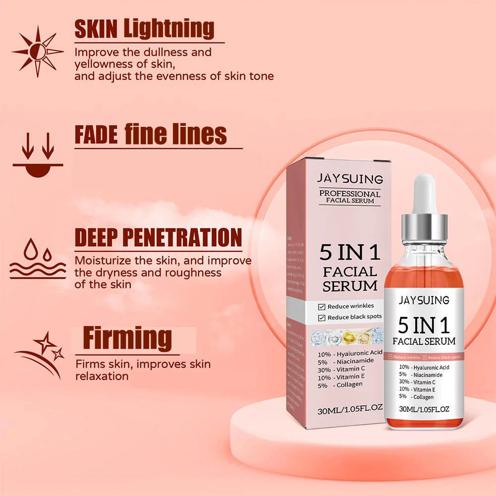 5-in-1 Firming Face Serum – Moisturizing and Brightening with Vitamin C and Hyaluronic Acid, Reduces Fine Lines and Shrinks Pores