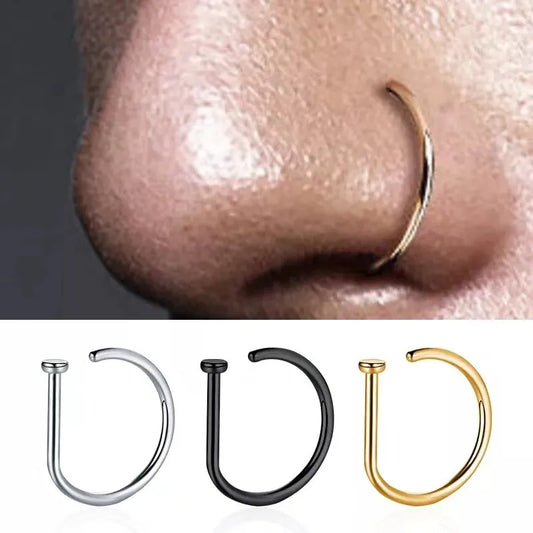 Stainless Steel Curved Barbells - Fake Nose Piercing D-Shaped Tragus Helix Stud Earring Hoop, Septum Ring - Stylish Body Jewelry