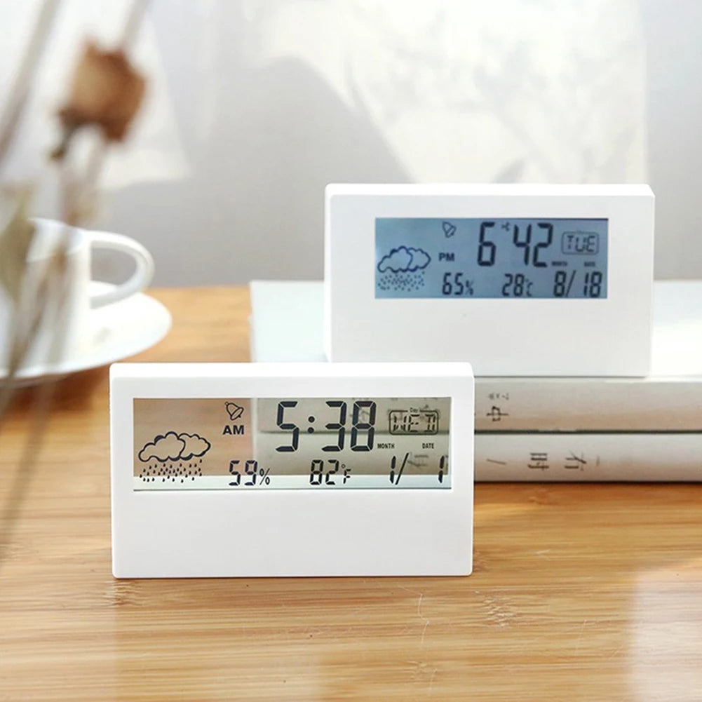 Thermo-Hygrometer Clock: Creative Weather Display Electronic Alarm Clock, Desktop Table Decor for Living Room & Bedroom