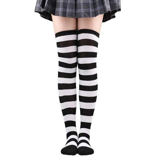 2024 Women's Striped Thigh High Stockings - Long Over-Knee Socks in Black, White & Pink for Cosplay & Harajuku Y2K Style