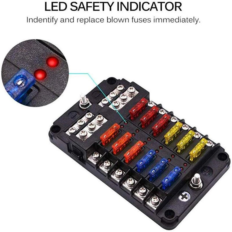 12-Way Car Boat Fuse Box Holder: Blade Fuse Holder Block with Warning Indicator - 12V~24V Power Distribution Panel Board