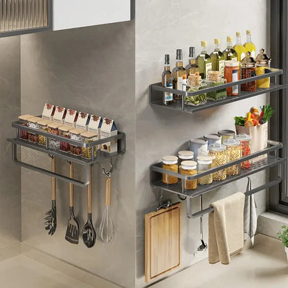 Multifunctional Kitchen Rack – Wall-Mounted Spice Storage and Utensil Hook Rack for Kitchen Organization