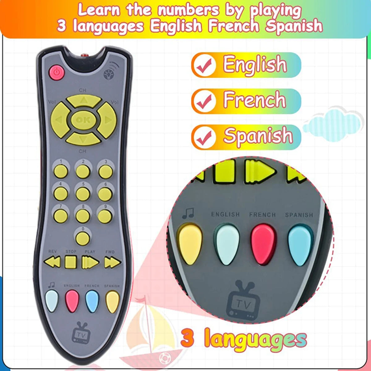 Music Mobile Phone and TV Remote Control Toy - Early Educational Electric Learning Gift with Numbers and English for Newborns