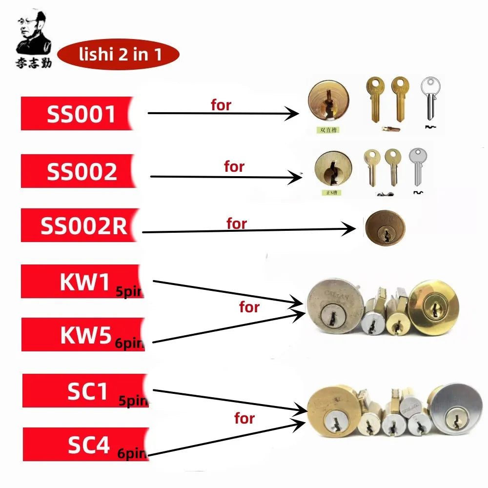 Lishi 2 in 1 Locksmith Tool Set - SS001, SS002, SS002R Pro, R52, KW1, KW5, SC1, SC4, SC20, M1/MS2, AM5, R52L for Home and Civil Locks