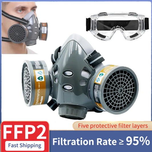 Painting Gas Mask Respirator Set - Dual Charcoal Filters with Anti-Fog Glasses - Protective Masks for Chemical Industry and Pesticide Spray