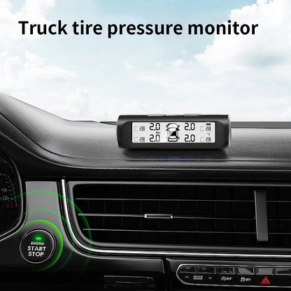 Car Solar Power TPMS: Digital Tire Pressure Alarm with 4 External Sensors | Auto Warning Monitoring System