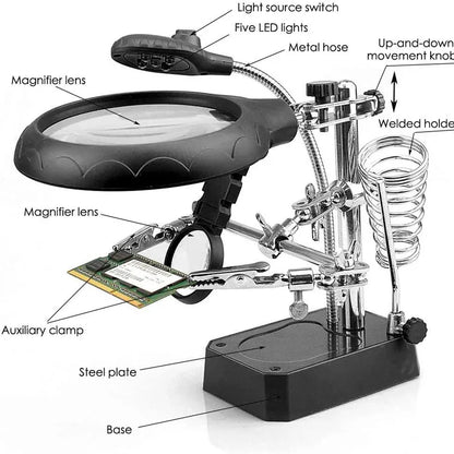 3 Hand Soldering Iron Stand Welding Tool: Magnifying Glass Illuminated LED Alligator Clip Holder Clamp - Helping Repair Equipment