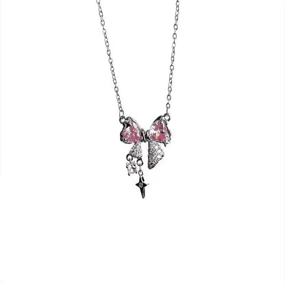 Korea Bowknot Pink Zircon Cross Pendant Necklace – Fashionable Clavicle Chain for Women, Trendy Party Jewelry