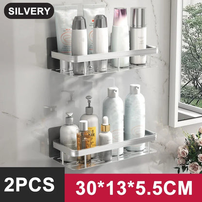 Aluminum Alloy Bathroom Shelf - No Drill Kitchen and Shower Storage Organizer, Wall Mounted Accessory Shelf