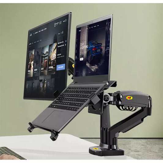 Desktop Dual Arm Gas Spring Monitor Holder + Laptop Stand | NB F160 + FP-2 | 17"-27" Monitor, 10"-17" Laptop Support | Air Press Mount Stand