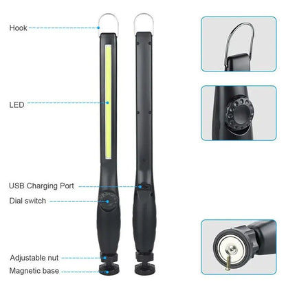 USB Rechargeable COB LED Flashlight - Magnetic Work Light Torch with Portable Lantern Hook for Inspection, Camping, Car Repair