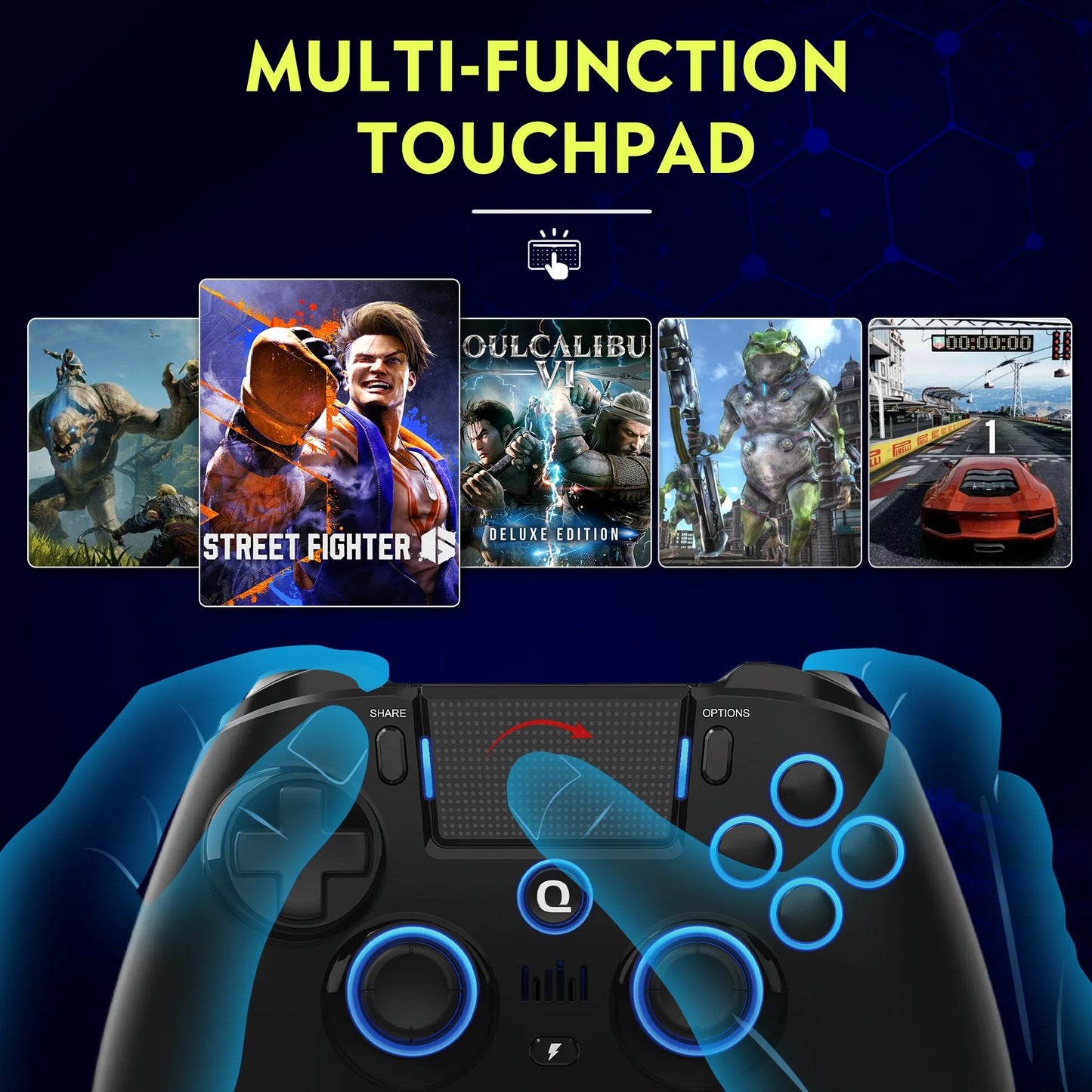 QRD Spark N5 Wireless Controller – Compatible with PS4, PS3, PS2, iOS, Android, PC | Hall Effect Gamepad with 9-Color LED Lights and Vibration Effect