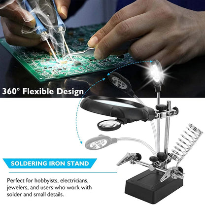 3 Hand Soldering Iron Stand Welding Tool: Magnifying Glass Illuminated LED Alligator Clip Holder Clamp - Helping Repair Equipment