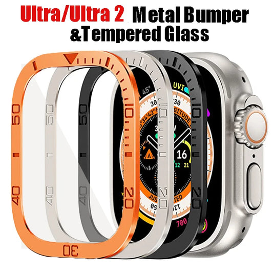 Screen Protector for Apple Watch Ultra 49mm - Metal Case Frame + Tempered Glass for iWatch Ultra 2 49mm Bezel Ring