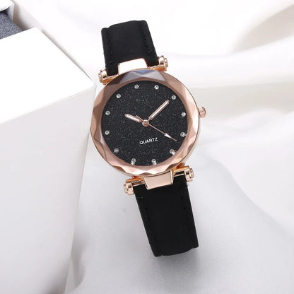 Round Face Rhinestone Starry Sky Watch – Silver and Pink Women’s Fashion Wristwatch with Frosted Belt – Vintage Black Quartz Timepiece