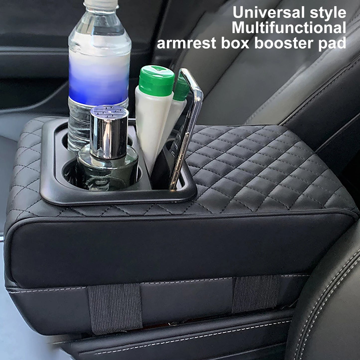 Auto Center Console Armrest Cushion with 2 Cup Holder - PU Leather Armrest Pad, Portable Car Armrest Pillow Cover, Height Adjustable Pad