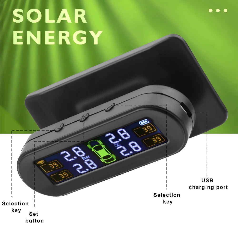 Tire Pressure Monitoring System with Temperature Warning - Solar TPMS with 4 External Sensors for Fuel Savings and Car Tyre Pressure Monitoring