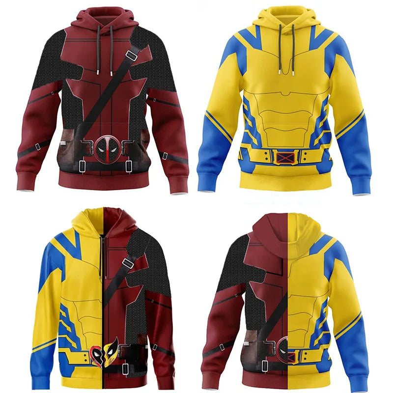 Deadpool Wolverine Hoodies - 3D Print Superhero Cosplay Costume, Pullover Sweatshirt and Zipper Jacket for Adults, Halloween Carnival