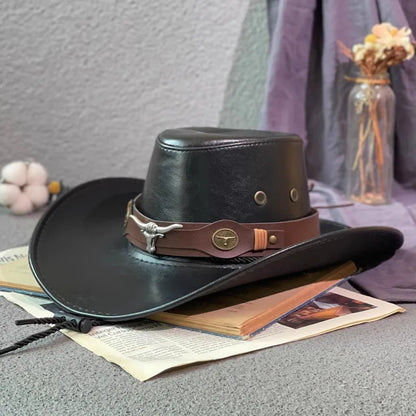 Faux Leather Western Cowboy Hat for Men and Women - Vintage Gentleman Panama Cowgirl Jazz Cap, Sombrero Hombre