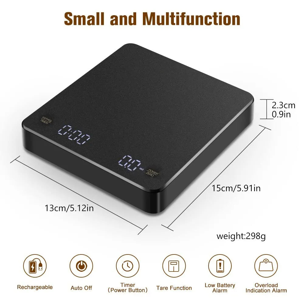 USB-powered Digital Coffee Scale with Timer, LED Display, and 3kg Max Weight