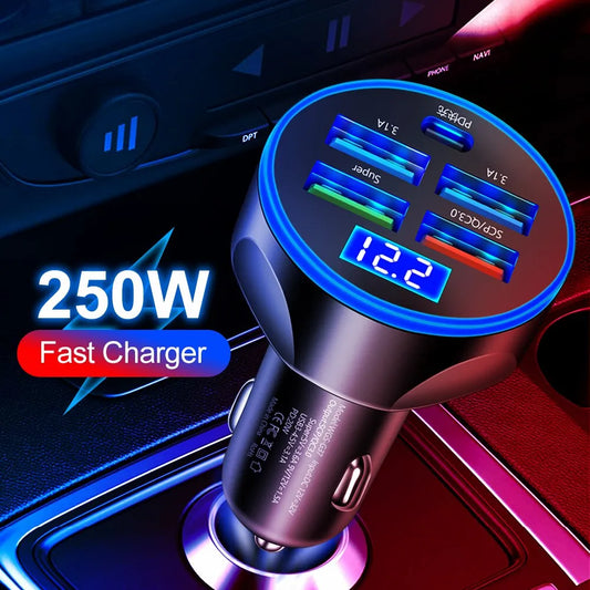 4 USB PD 250W Car Charger: Type C Fast Charging Adapter for iPhone, Samsung, Huawei, Xiaomi - QC 3.0 Compatible