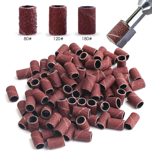 100/50pc Sanding Cap Bands for Electric Manicure Machine - 180/120/80 Grit Nail Drill Grinding Bit Files - Pedicure Tool Set BEND261