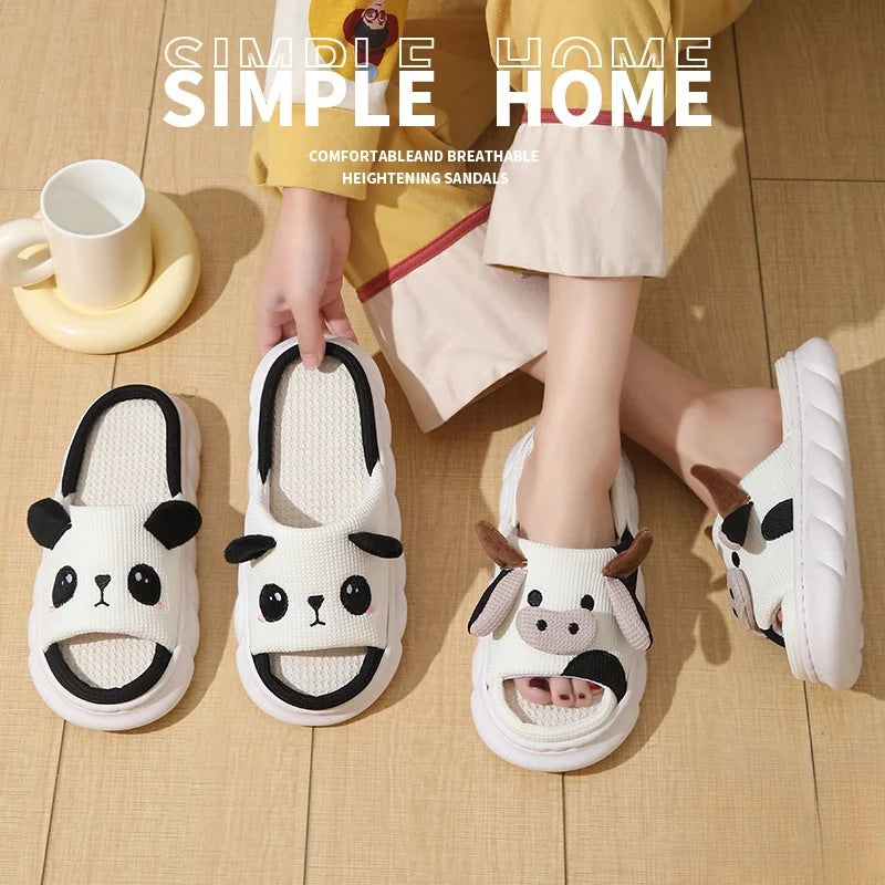 Cute Cartoon Cow Unisex Linen Slippers | Non-Slip Mule Slides for Men and Women | Spring-Summer Home Shoes and Flip Flops for All Seasons