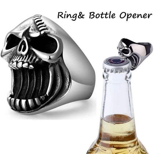 Portable Mini Ring Beer Bottle Opener: Stainless Steel Finger Ring Cap Remover - Skull Punk Design for Kitchen and Bar