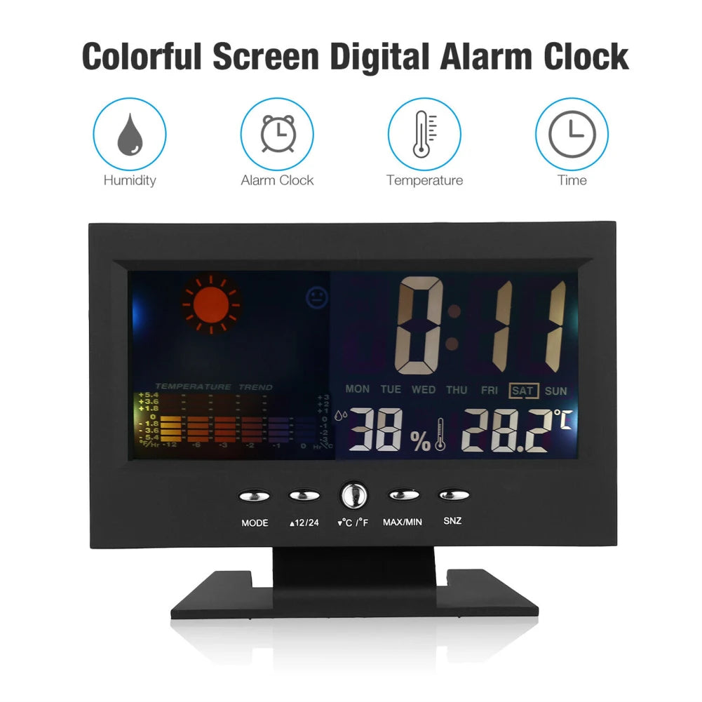 5 in 1 LED Digital Alarm Clock - Calendar, Weather Display, Thermometer, Humidity Monitor with Snooze Functions