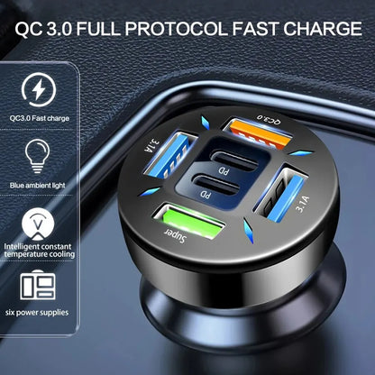 New Car Dual PD 6-Port Universal Super Fast Charging Conversion Plug: Multi-Function Mobile Phone Car Charger with 4 USB Ports