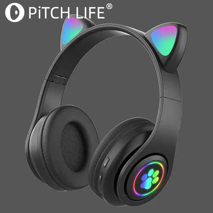 P91H Cute Cat Ears Bluetooth Wireless Headphones – With Mic, LED Flash Light, Stereo Music, Foldable Design