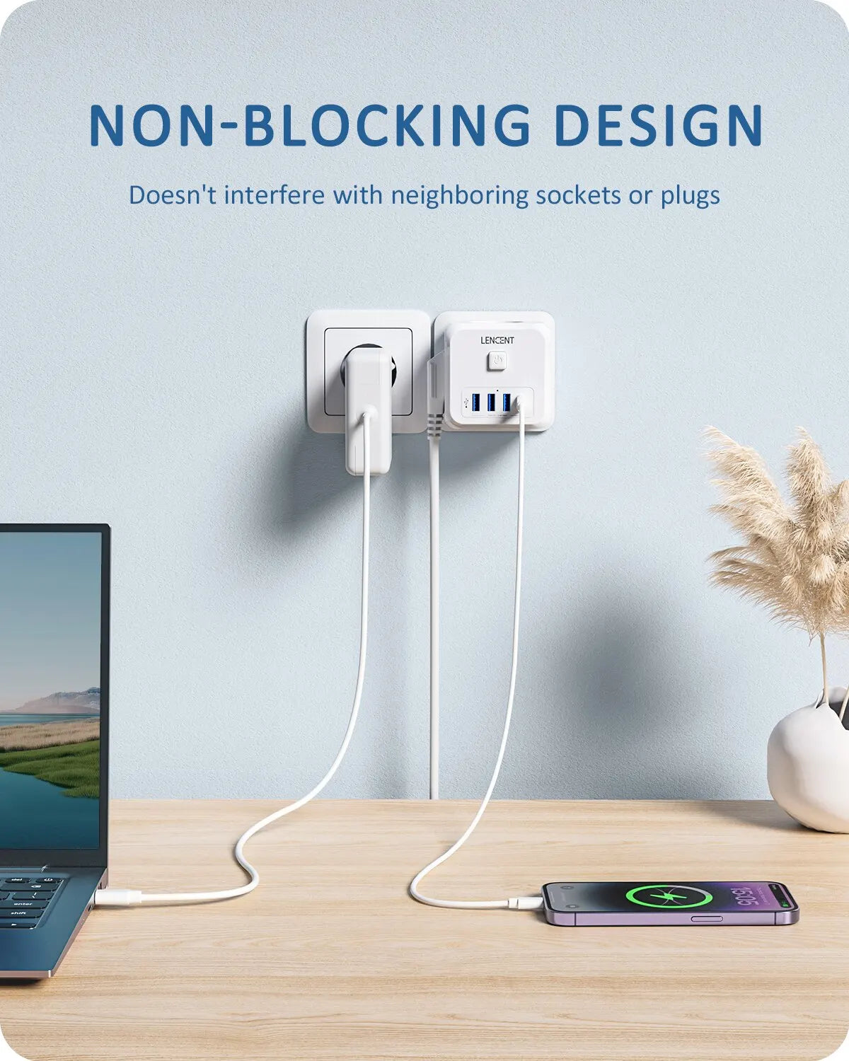 LENCENT 7-in-1 Wall Socket Extender - 3 AC Outlets, 3 USB Ports, 1 Type C, EU Plug Charger with On/Off Switch for Home Convenience