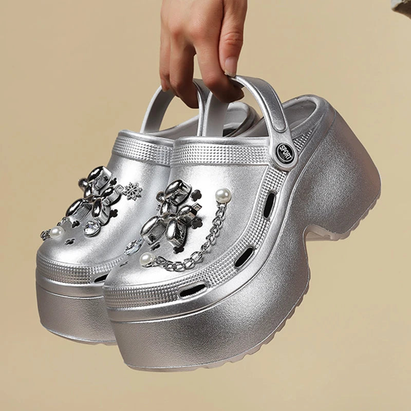 Women's Silver Platform Clogs - Summer 2024 Comfortable Slip-On Wedge Sandals with Fashion Chain, Thick Sole Garden Shoes