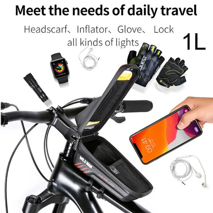 WILD MAN Bike Bag: 2L Front Tube Cycling Bag with Waterproof Phone Case Holder - 7.4 Inches Touch Screen, Bicycle Accessories