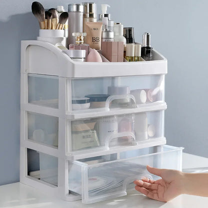 Makeup Case and Jewelry Container - Plastic Organizer with Drawers and Brush Holder for Cosmetics