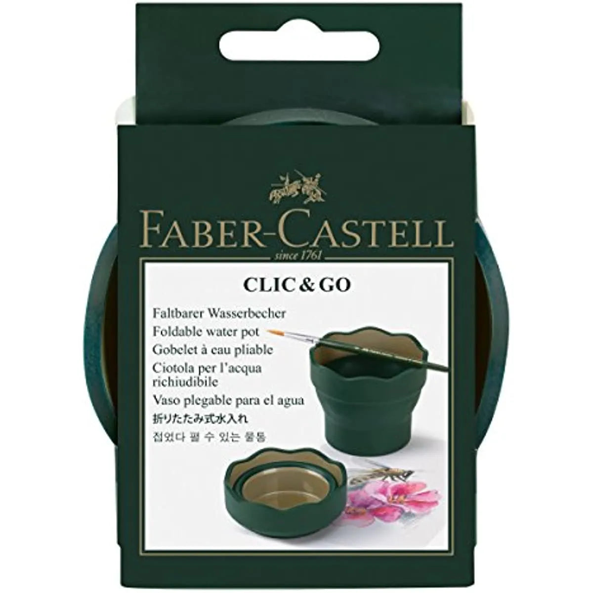 Faber-Castell Clic & Go Artist Water Cup: Dark Green Paint Brush Washer with Folding Retractable Design