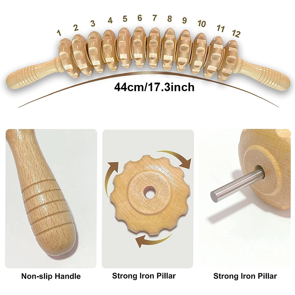 Wooden Grooved Gear Body Fascia Massager: Anti-Slip Handle for Arms, Legs, Thighs, Buttocks - Smooth Roller for Back Relaxation