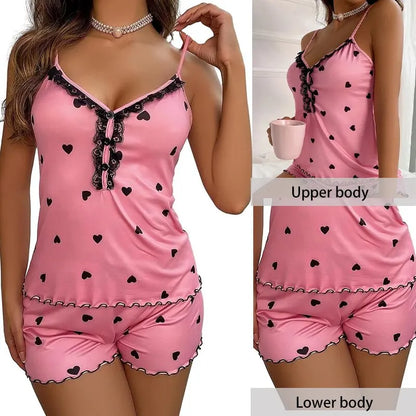 Sexy Summer Two-Piece Women's Pajama Set - Deep V-Neck Top and Shorts, Sleeveless Nightwear for Ladies