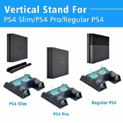 DATA FROG Vertical Cooling Fan Stand for PS4/PS4 Slim/PS4 Pro Console | Dual Controller LED Charger Station for Sony PlayStation 4