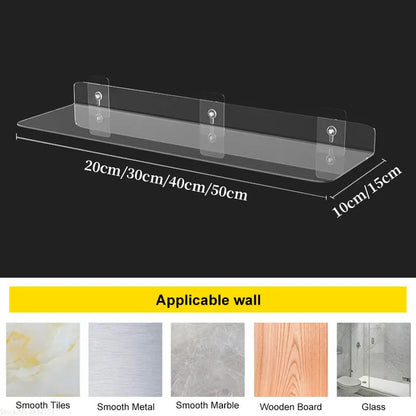 Clear Acrylic Storage Rack | Wall-Mounted Floating Display Shelf | Thick Transparent Organizer for Bathroom and Kitchen | 20-50cm