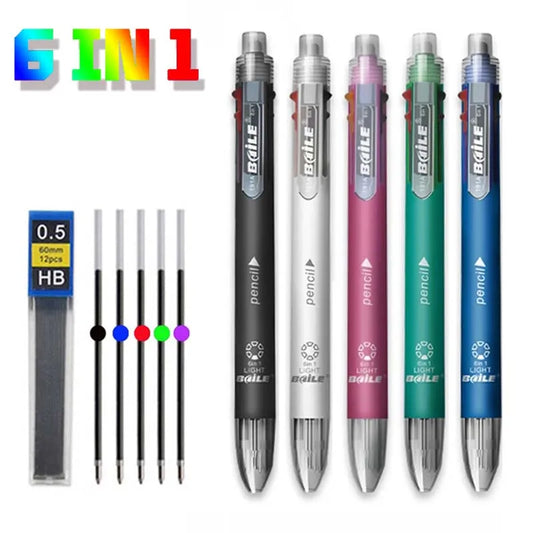 6-in-1 Multicolor Roll Ball Pen Set with Refills - Includes 5 Color Ballpoint Pens and 1 Pencil Core, Creative Multifunction Marking Pen