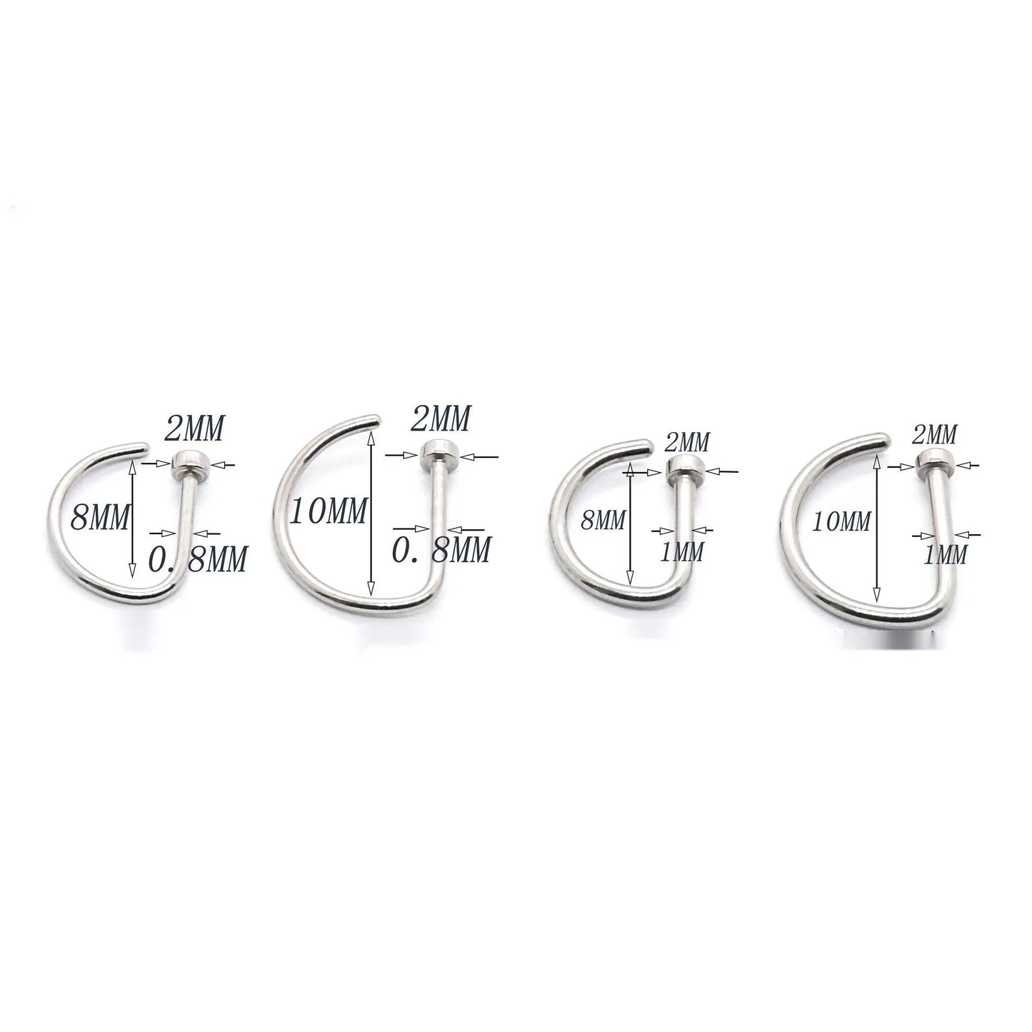 Stainless Steel Curved Barbells - Fake Nose Piercing D-Shaped Tragus Helix Stud Earring Hoop, Septum Ring - Stylish Body Jewelry