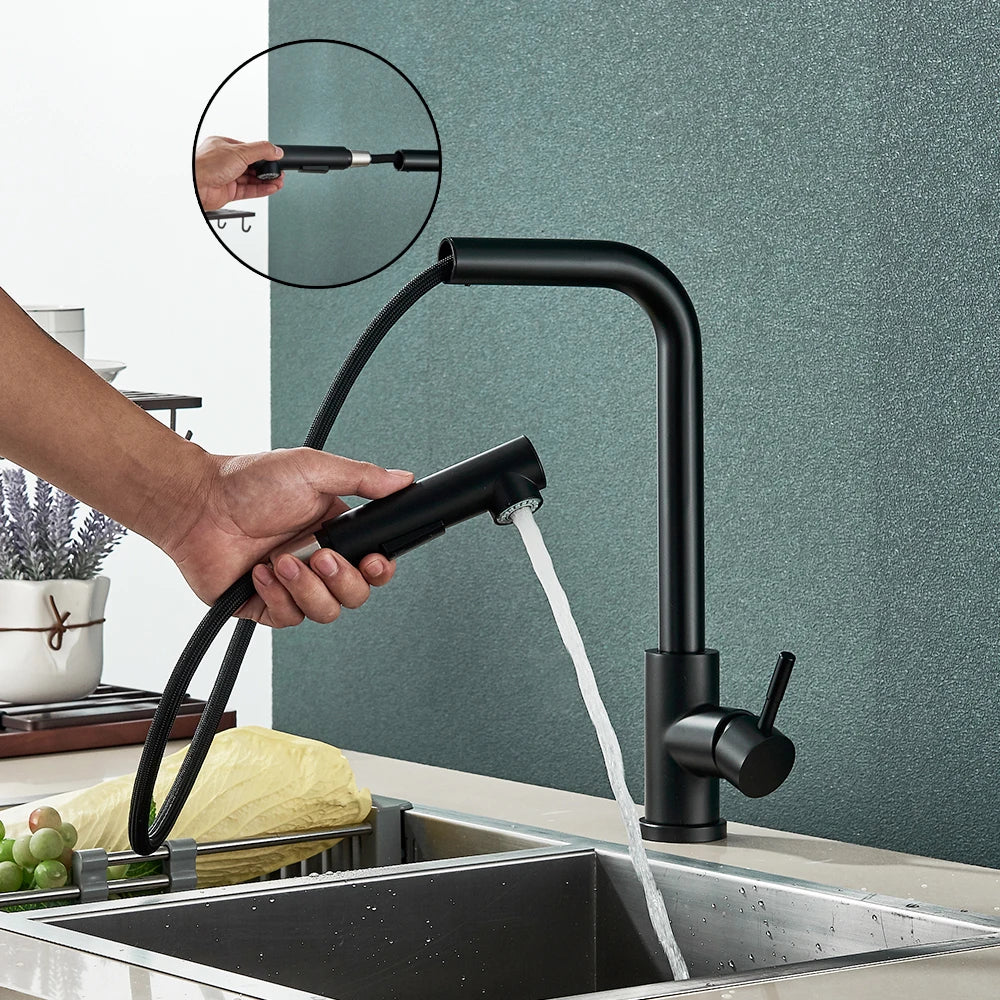 Black Pull Out Kitchen Sink Faucet - Stainless Steel Hot Cold Water Mixer Tap with Two-Model Stream Sprayer Nozzle, Deck Mounted